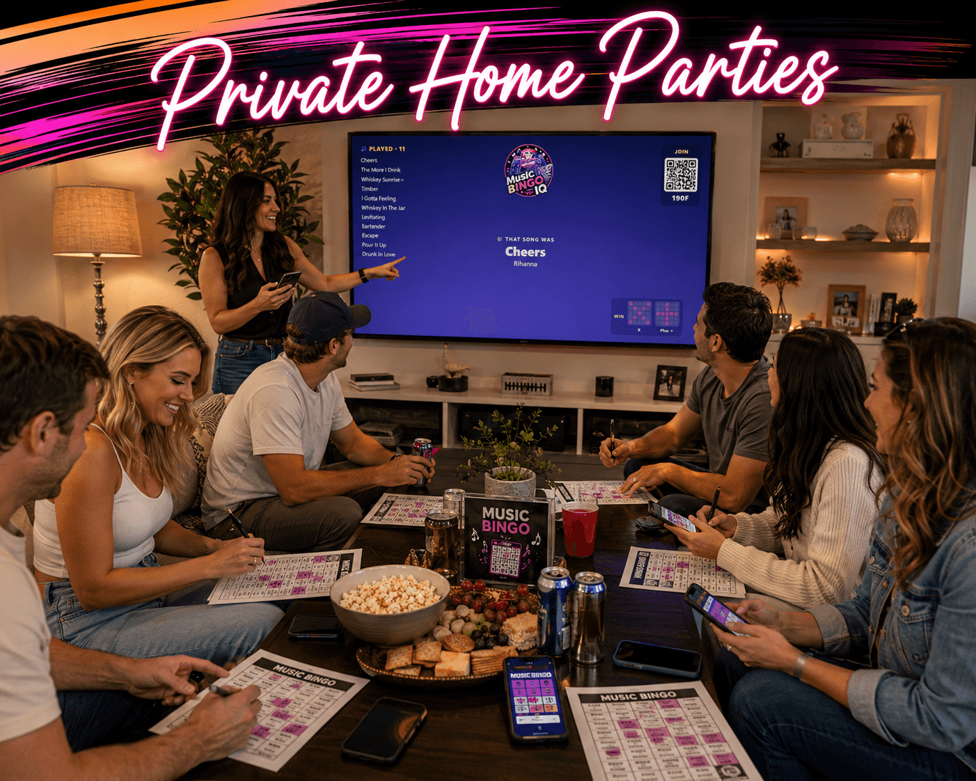 Friends playing music bingo at a house party