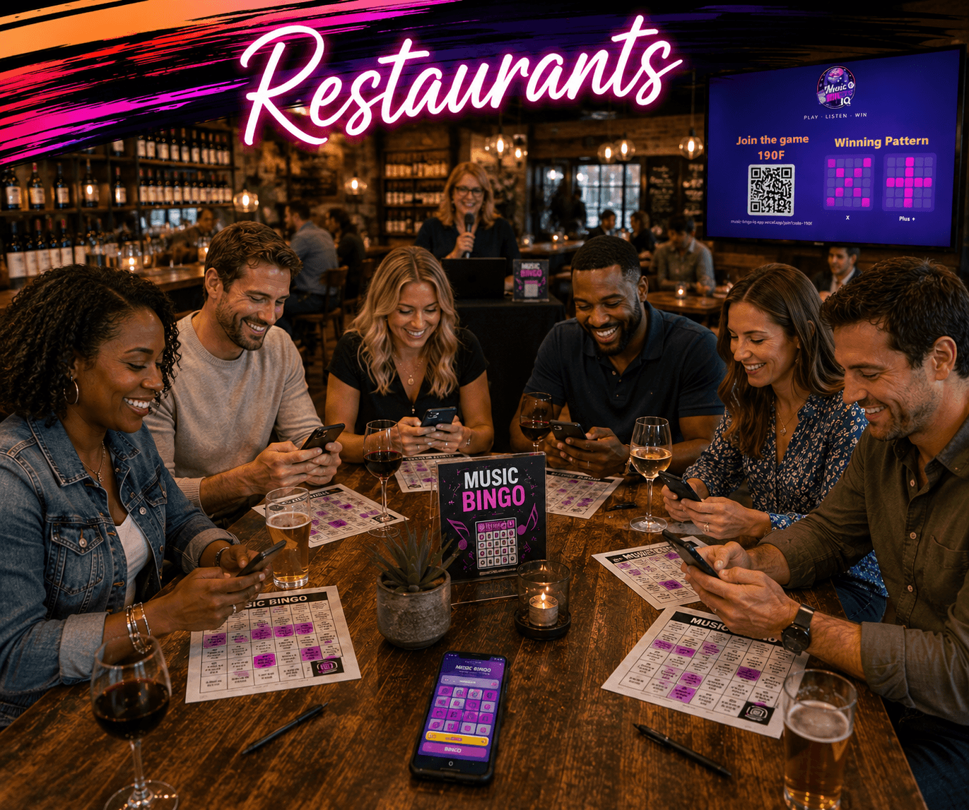 Diners playing music bingo at a restaurant